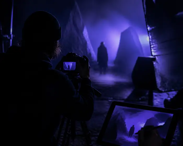 Early visual direction with a blue-lit subject and a loose atmospheric composition.