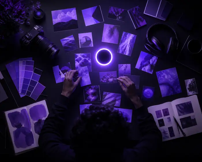 Espace de création abstrait violet représentant une tâche générale d’IA multimédia.