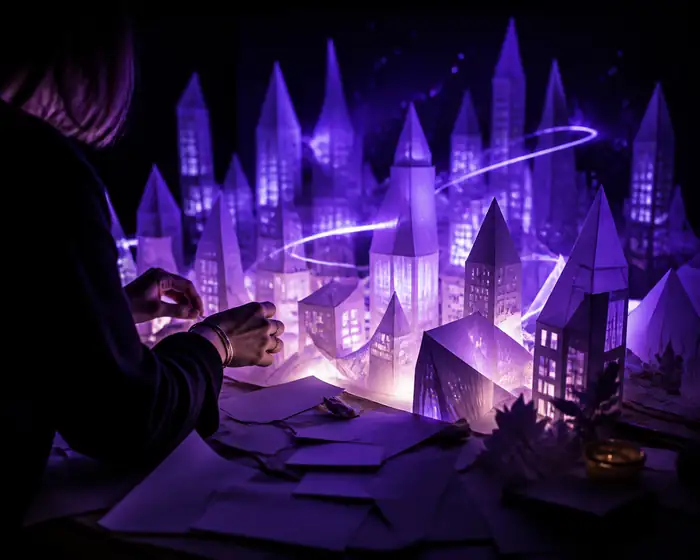 Prompt frame showing a luminous city built from paper and light.