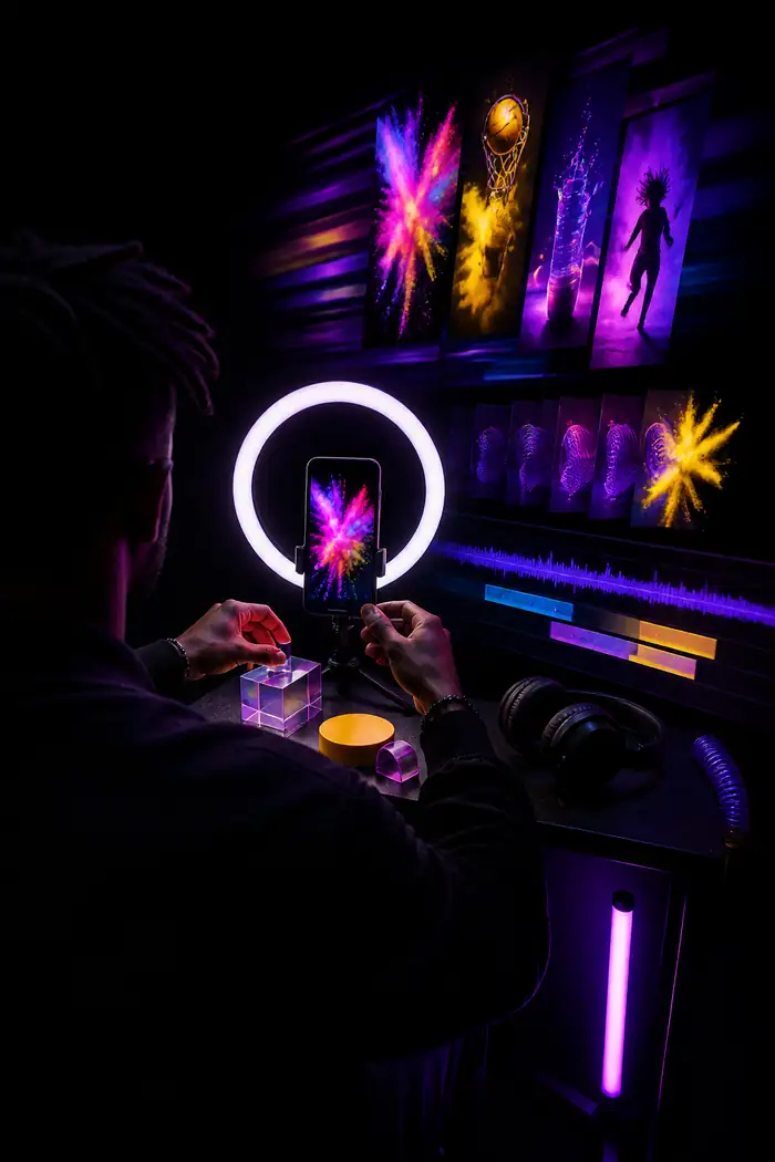 Farbenfroher vertikaler TikTok-ähnlicher Video-Arbeitsbereich mit einem Creator, der eine Kurzfilmszene gestaltet.