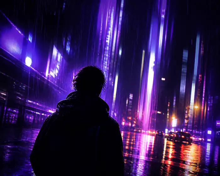 Grobe Neonstadt-Referenzaufnahme mit einer Figur und Spiegelungen im Regen.