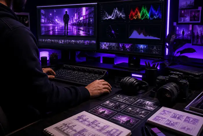 Creative YouTube production workspace with video frames, channel graphics and violet lighting.