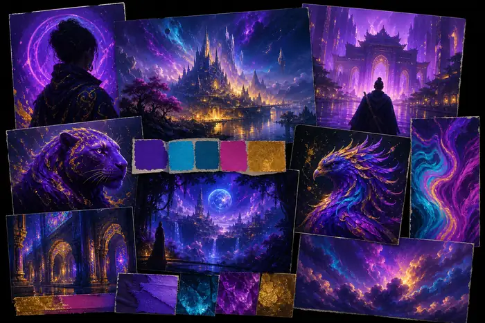 Concepts d’images colorés générés par IA, présentés sur un tableau de direction visuelle.