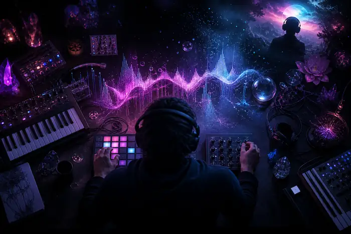 Abstract music production workspace glowing with violet, cyan and pink light.