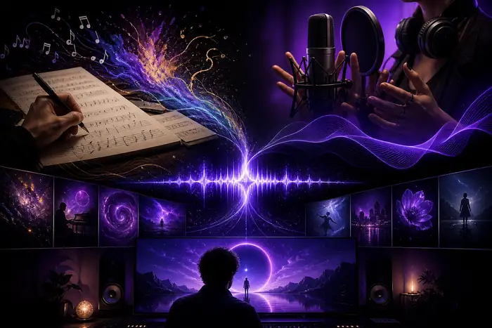 Violet creative workspace showing a visual sequence being shaped around sound.