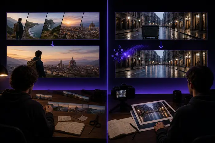 Farbenfroher Bild-zu-Video-Frame, der ein Motiv zeigt, das sich durch eine satte visuelle Szene bewegt.