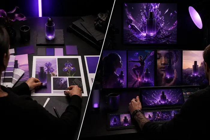 Espace vidéo cinématographique avec IA présentant une direction visuelle animée aboutie.