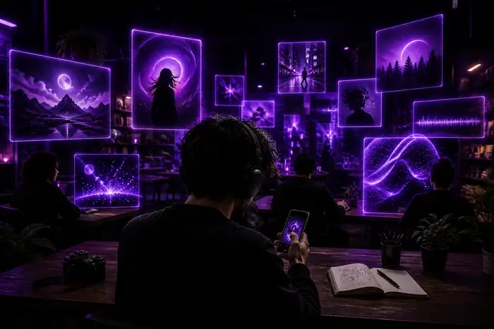 Visualiseur abstrait généré par IA, en cyan électrique et violet, créé sans compte.