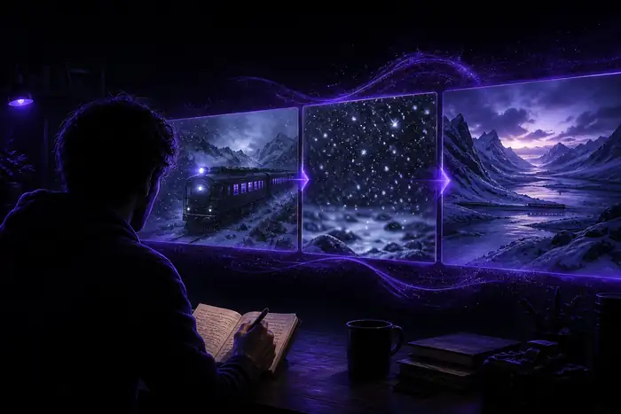 Luminous cinematic video scene generated from a visual direction.